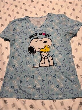 Peanuts Light Blue Snoopy & Woodstock Heart Print Short Sleeve Top